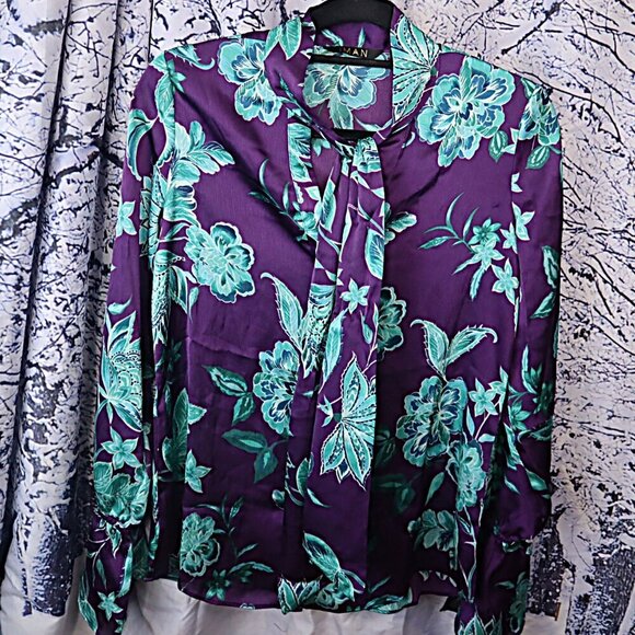 FLORAL TIE NECK BLOUSE XS Iman Purple Aqua Grape Blue Office Work Spring Satin - Picture 3 of 8